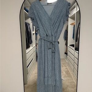 Light Blue Floral Wrap Midi Dress with Tie Waist